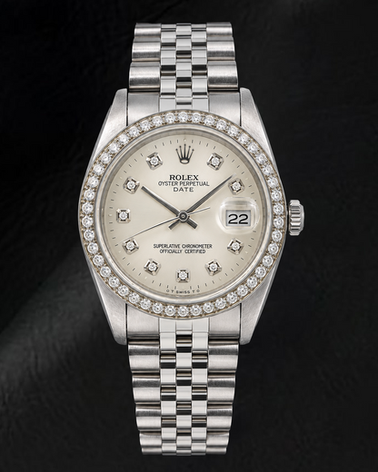 Rolex Date 1501 34mm Silver Diamond Dial Stainless Steel Watch 
