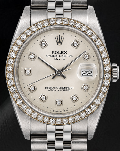Rolex Date 1501 34mm Silver Diamond Dial Stainless Steel Watch 