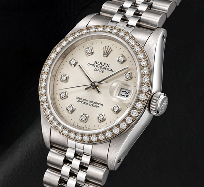 Rolex Date 1501 34mm Silver Diamond Dial Stainless Steel Watch 