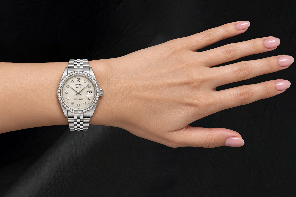 Rolex Date 1501 34mm Silver Diamond Dial Stainless Steel Watch 