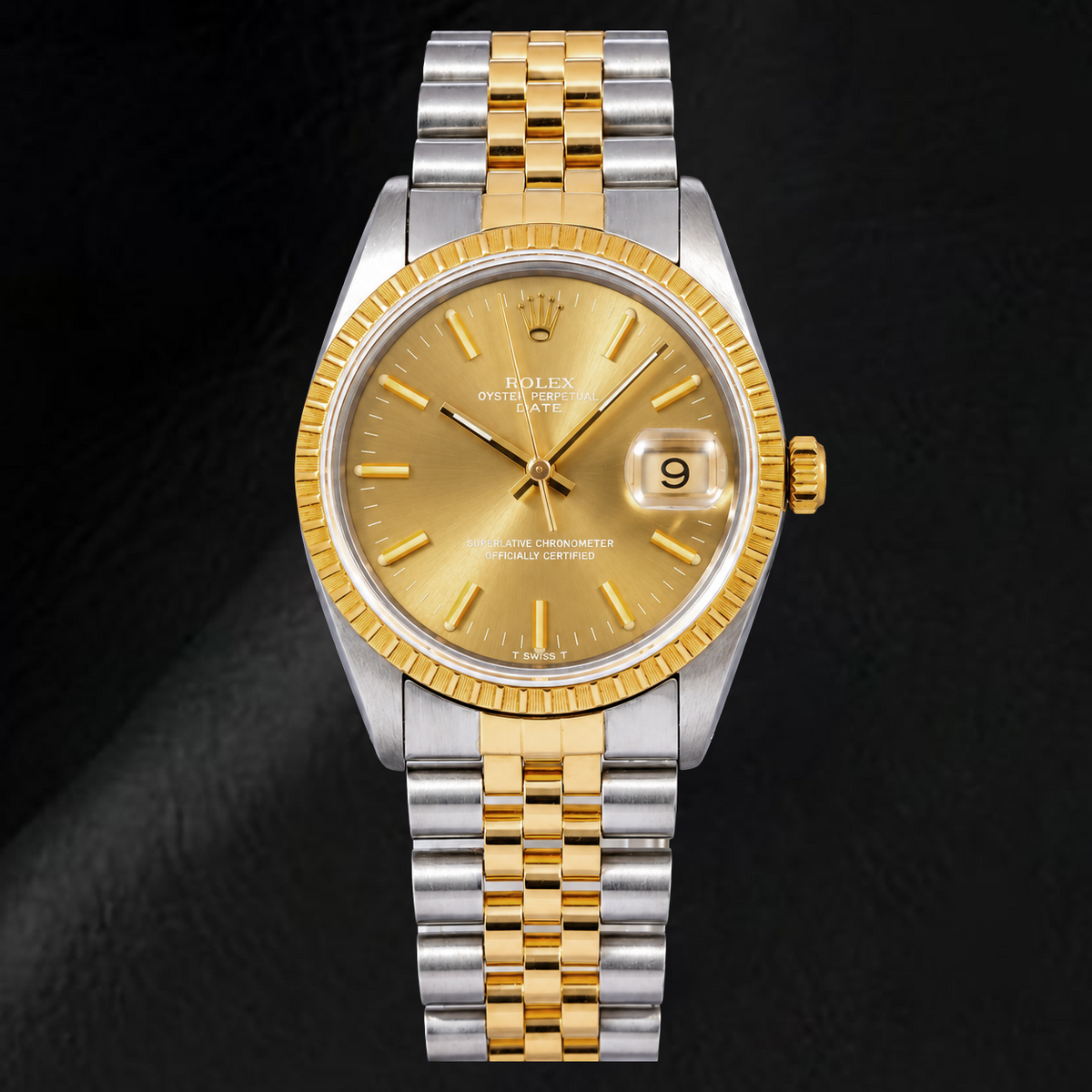 Rolex Date 1502 34mm Champagne Stick Dial Two Tone Watch