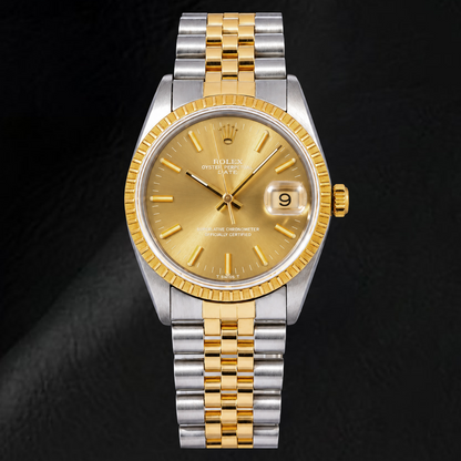 Rolex Date 1502 34mm Champagne Stick Dial Two Tone Watch
