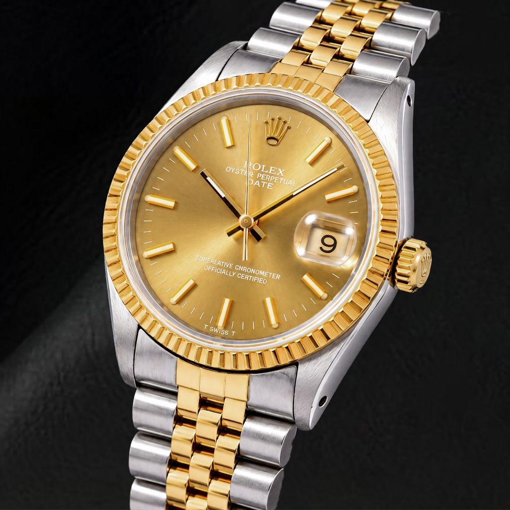 Rolex Date 1502 34mm Champagne Stick Dial Two Tone Watch