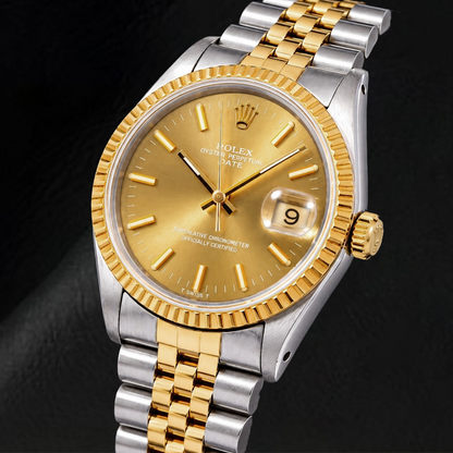 Rolex Date 1502 34mm Champagne Stick Dial Two Tone Watch