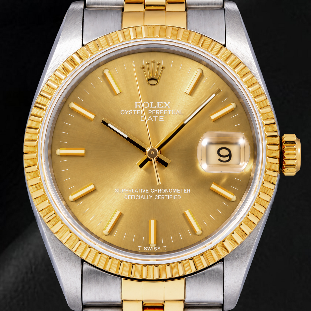 Rolex Date 1502 34mm Champagne Stick Dial Two Tone Watch