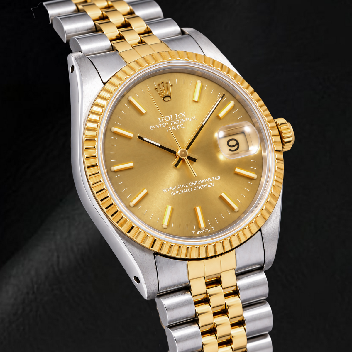 Rolex Date 1502 34mm Champagne Stick Dial Two Tone Watch