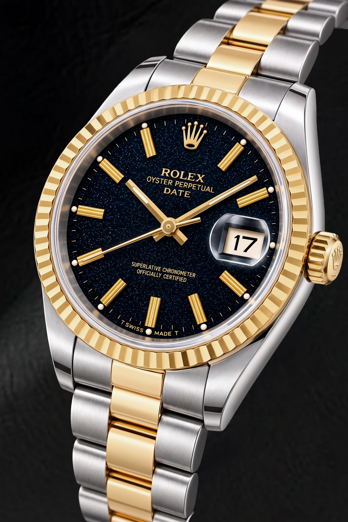 Rolex Date 15053 34mm Black Stick Dial Two Tone Watch