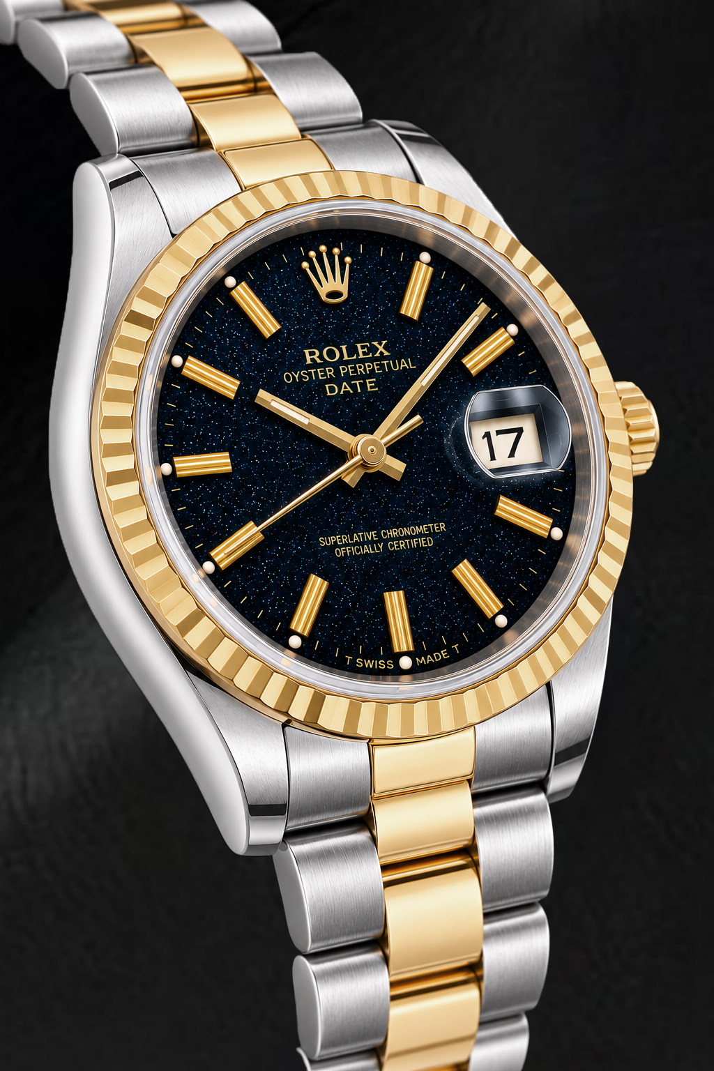 Rolex Date 15053 34mm Black Stick Dial Two Tone Watch
