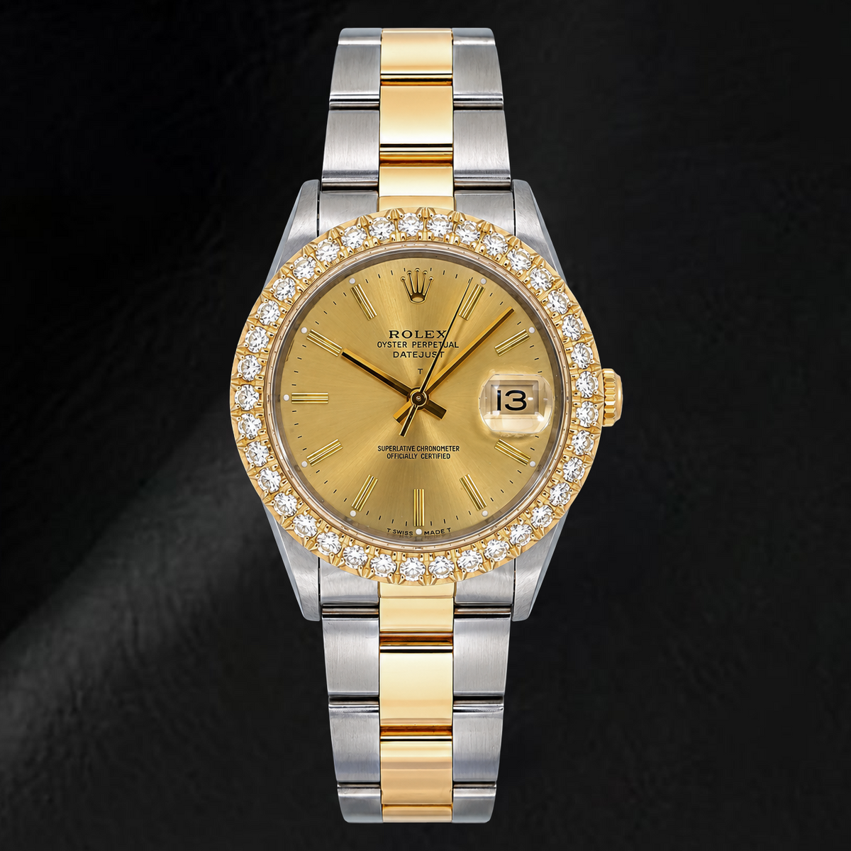 Rolex Date 15053 34mm Champagne Stick Dial Two Tone Watch