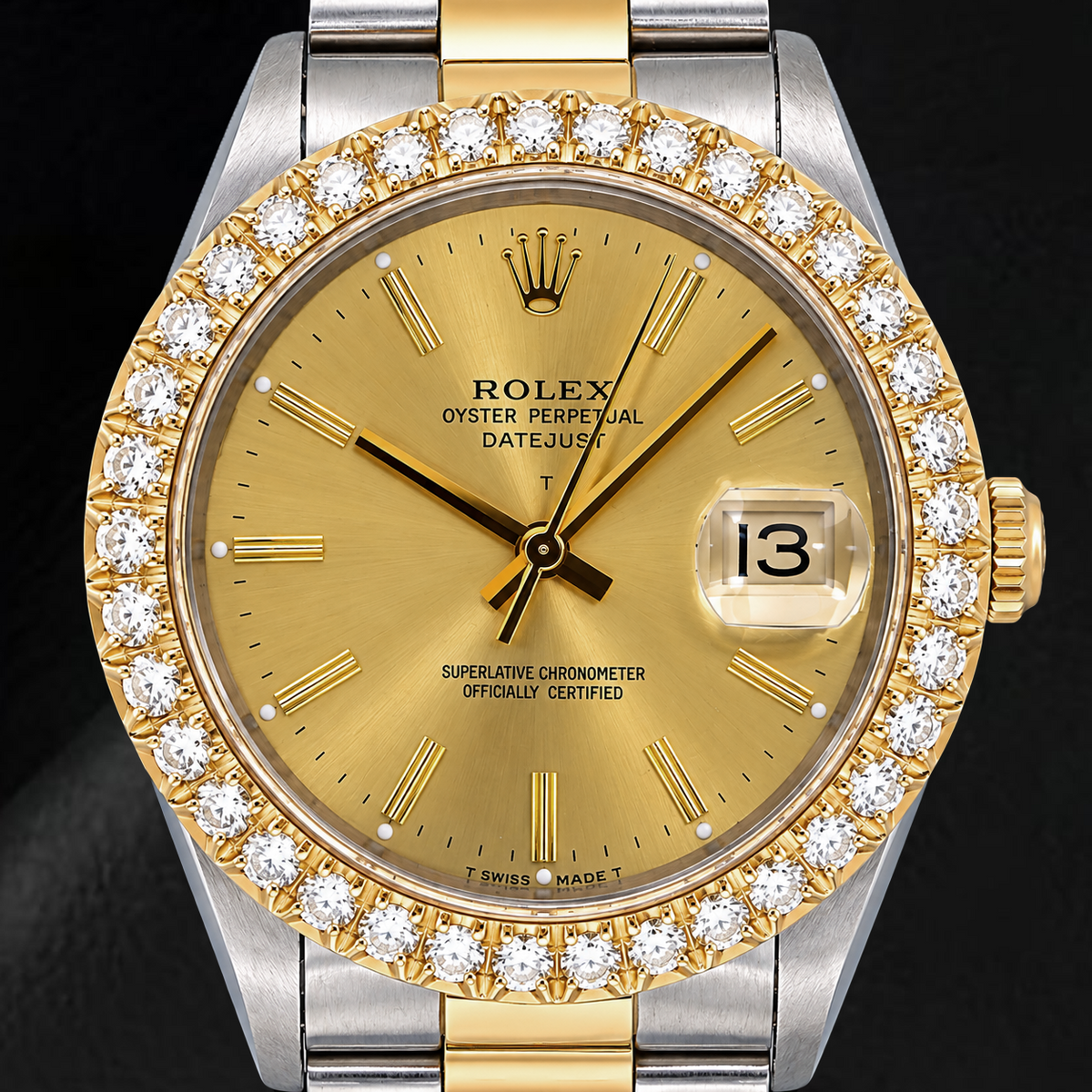 Rolex Date 15053 34mm Champagne Stick Dial Two Tone Watch