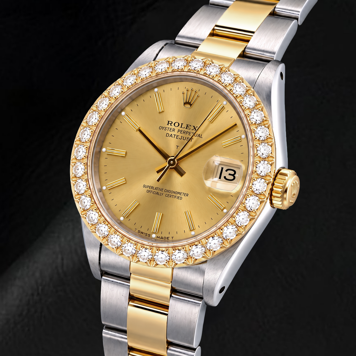 Rolex Date 15053 34mm Champagne Stick Dial Two Tone Watch