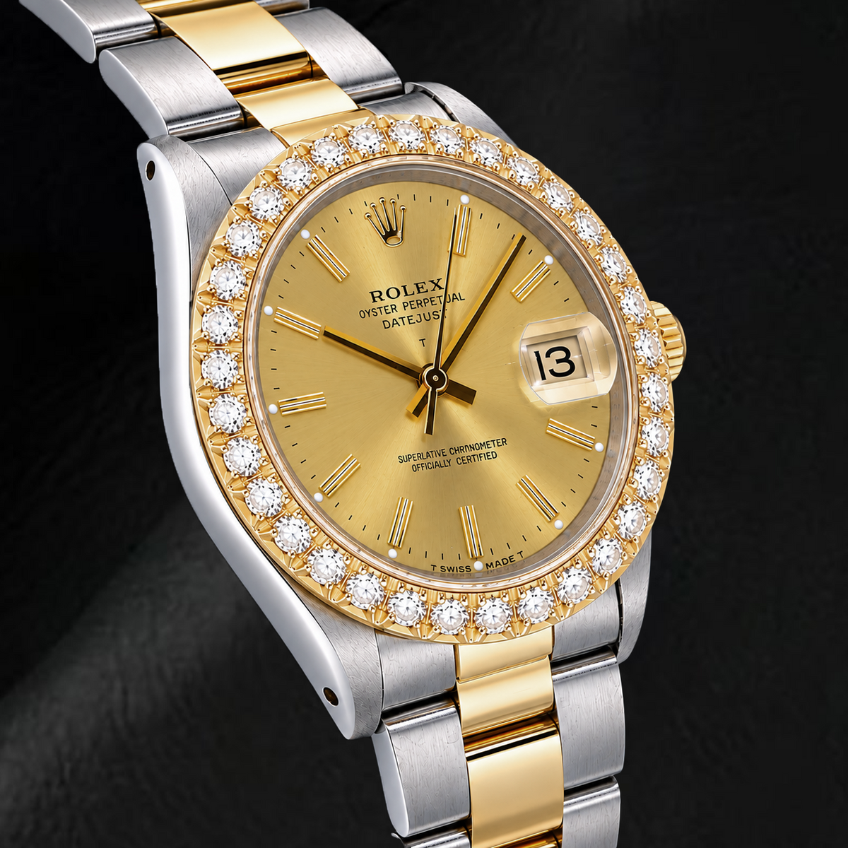 Rolex Date 15053 34mm Champagne Stick Dial Two Tone Watch