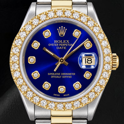 Rolex Date 1505 34mm Blue Diamond Dial Two Tone Watch
