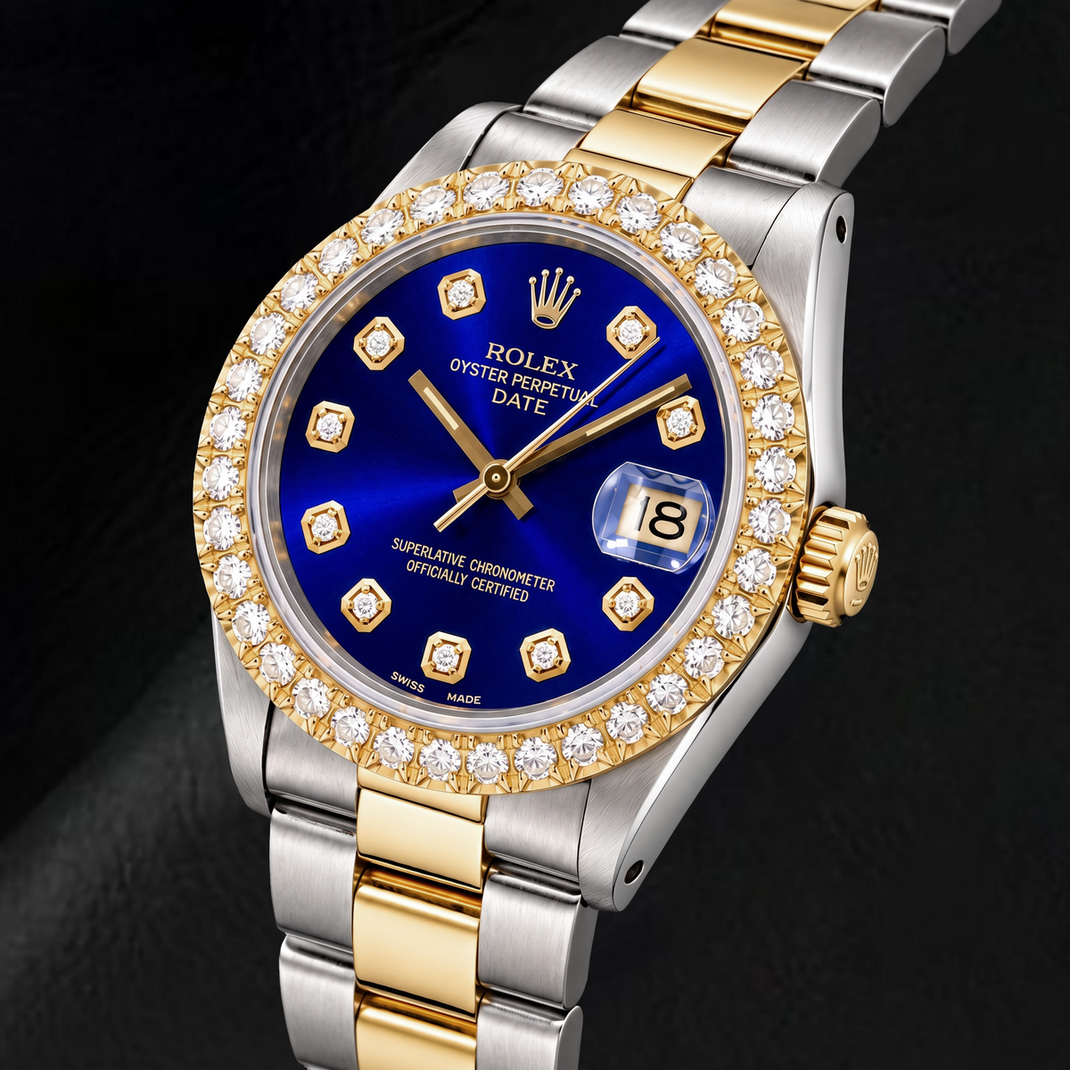 Rolex Date 1505 34mm Blue Diamond Dial Two Tone Watch