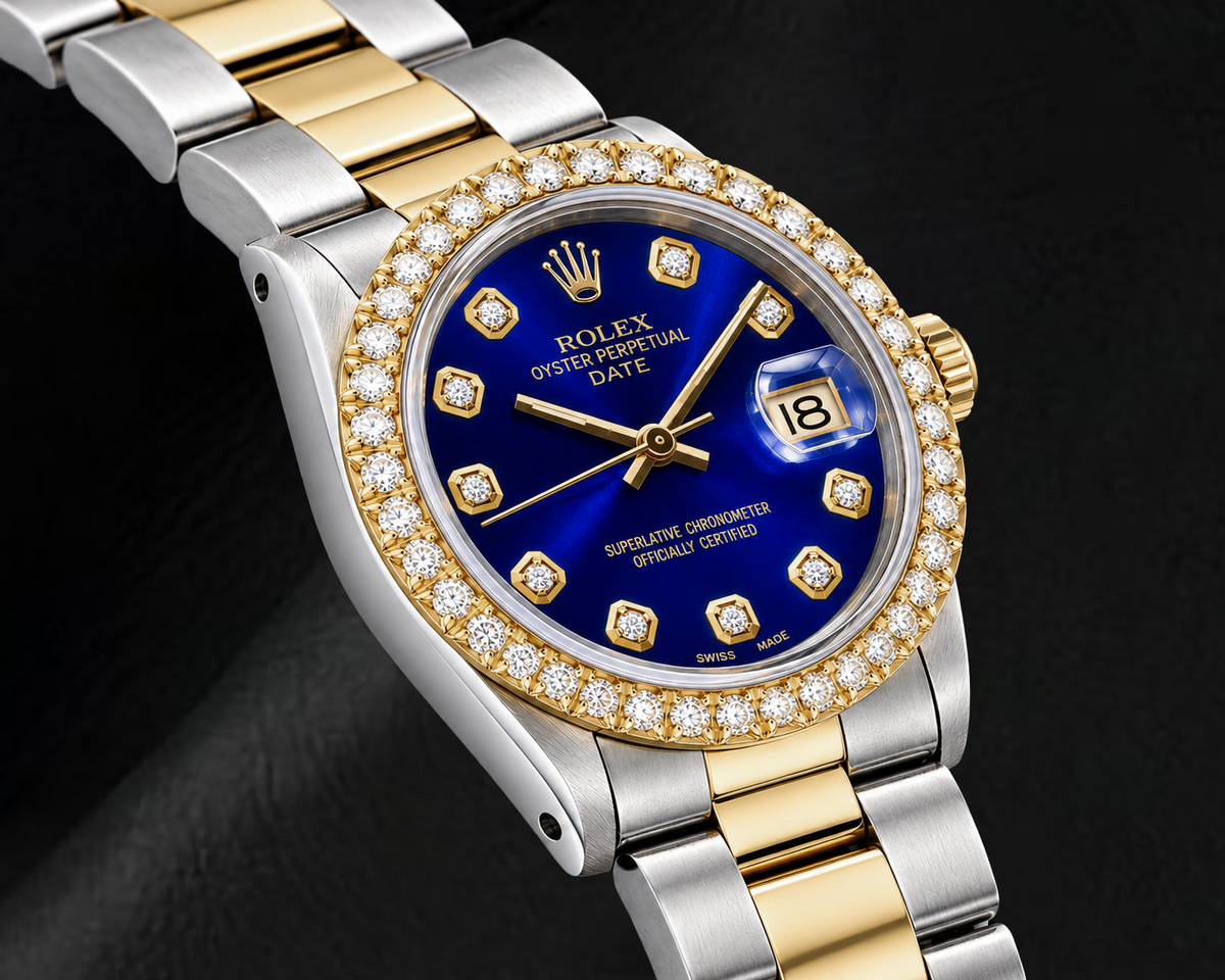 Rolex Date 1505 34mm Blue Diamond Dial Two Tone Watch