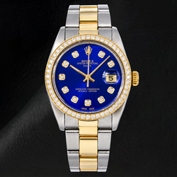 Rolex Date 1505 34mm Blue Diamond Dial Two Tone Watch