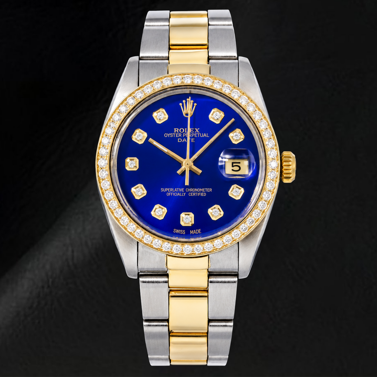 Rolex Date 1505 34mm Blue Diamond Dial Two Tone Watch