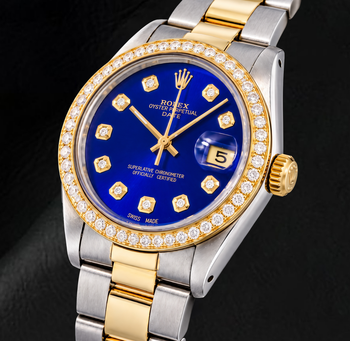 Rolex Date 1505 34mm Blue Diamond Dial Two Tone Watch