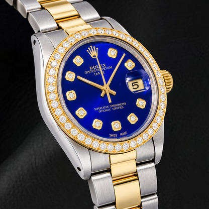 Rolex Date 1505 34mm Blue Diamond Dial Two Tone Watch