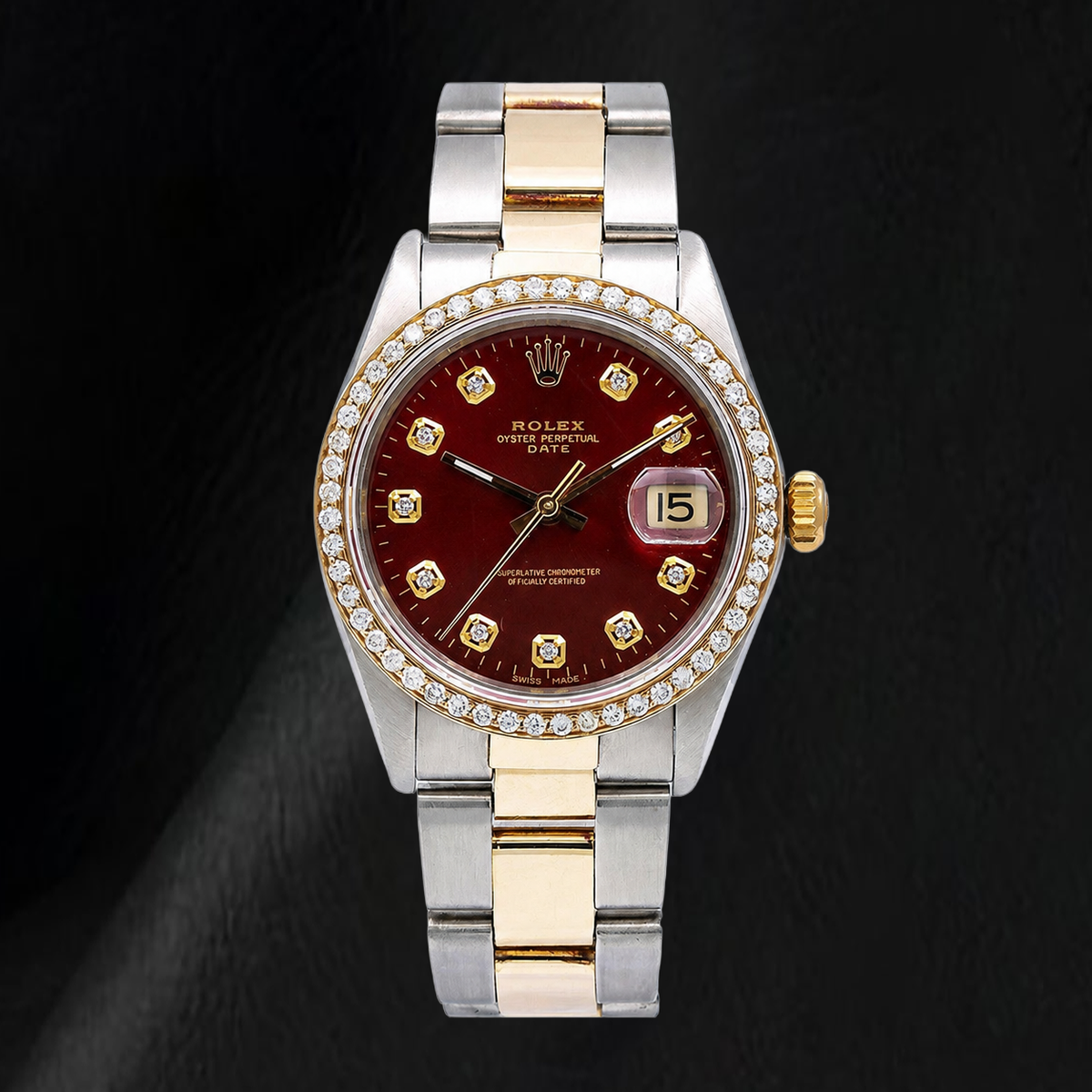 Rolex Date 1505 34mm Red Diamond Dial Jubilee Bracelet Two Tone Watch
