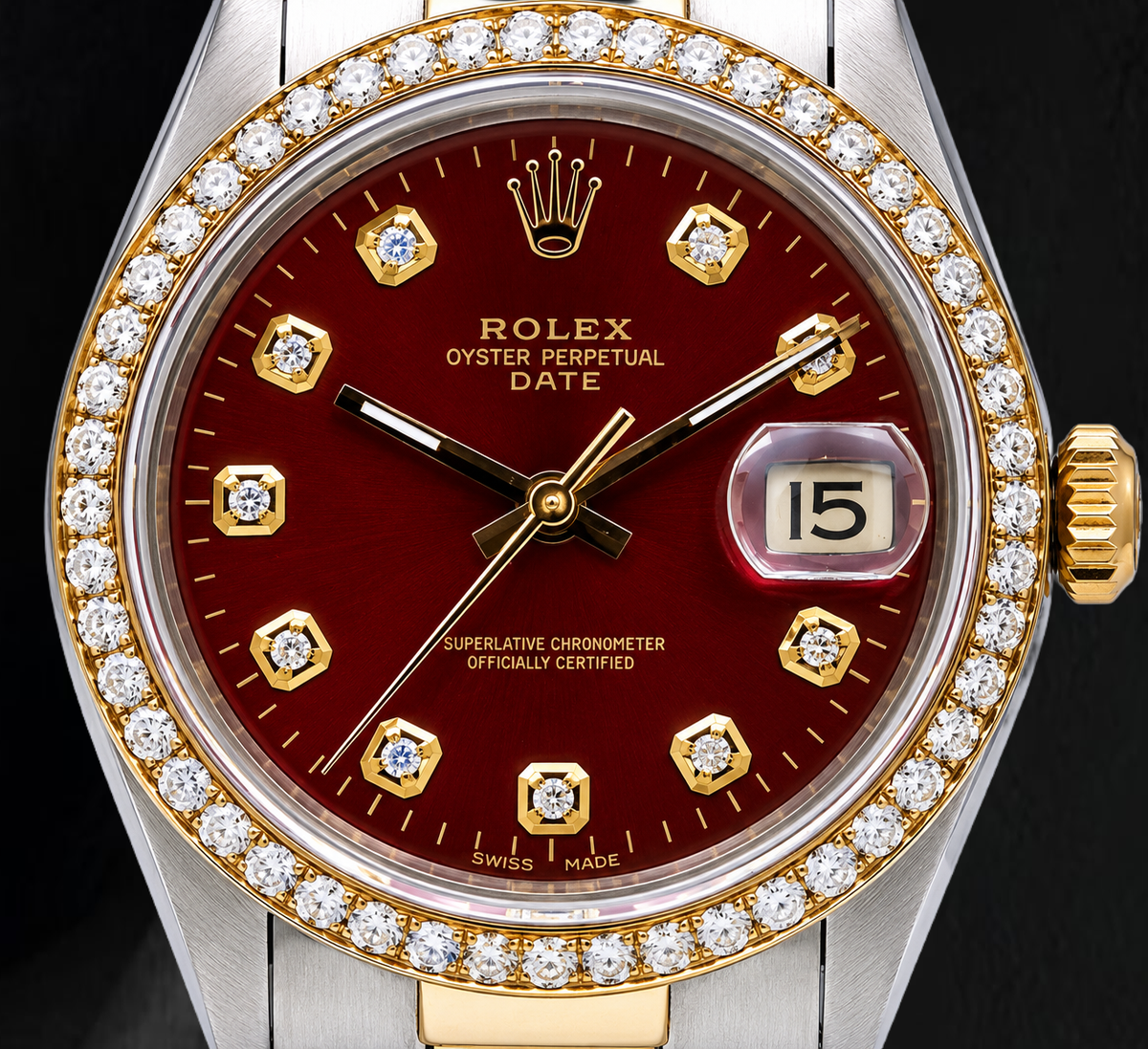 Rolex Date 1505 34mm Red Diamond Dial Jubilee Bracelet Two Tone Watch