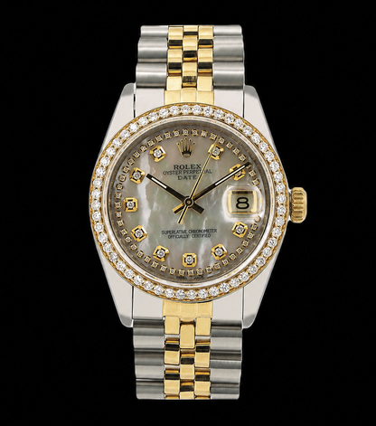 Rolex Date 1505 34mm White Mother of Pearl Diamond Dial Two Tone Watch