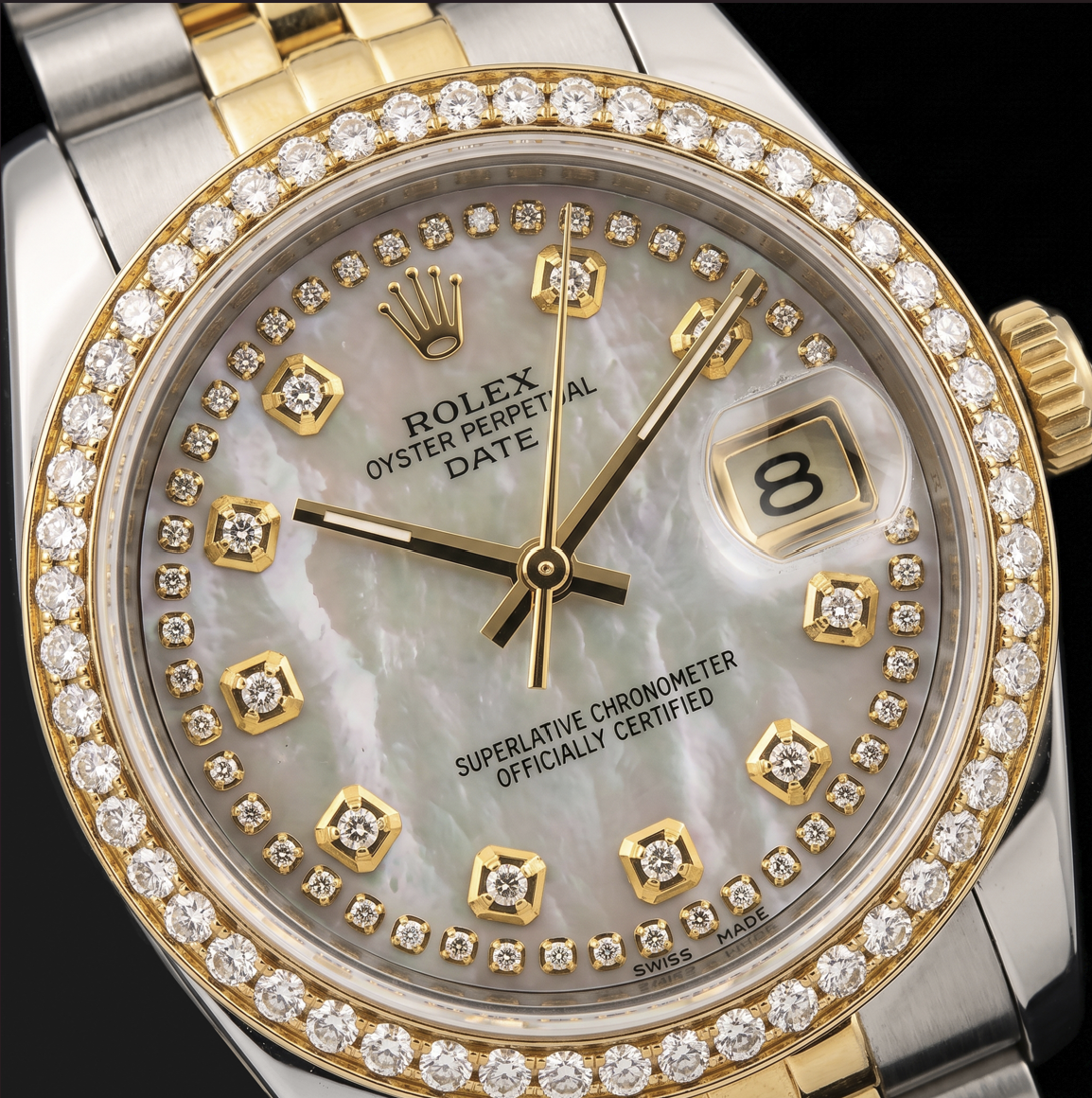 Rolex Date 1505 34mm White Mother of Pearl Diamond Dial Two Tone Watch