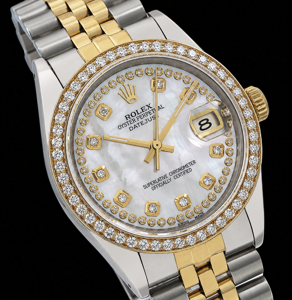Rolex Date 1505 34mm White Mother of Pearl Diamond Dial Two Tone Watch