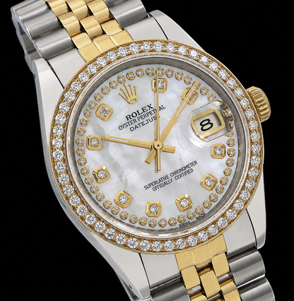 Rolex Date 1505 34mm White Mother of Pearl Diamond Dial Two Tone Watch