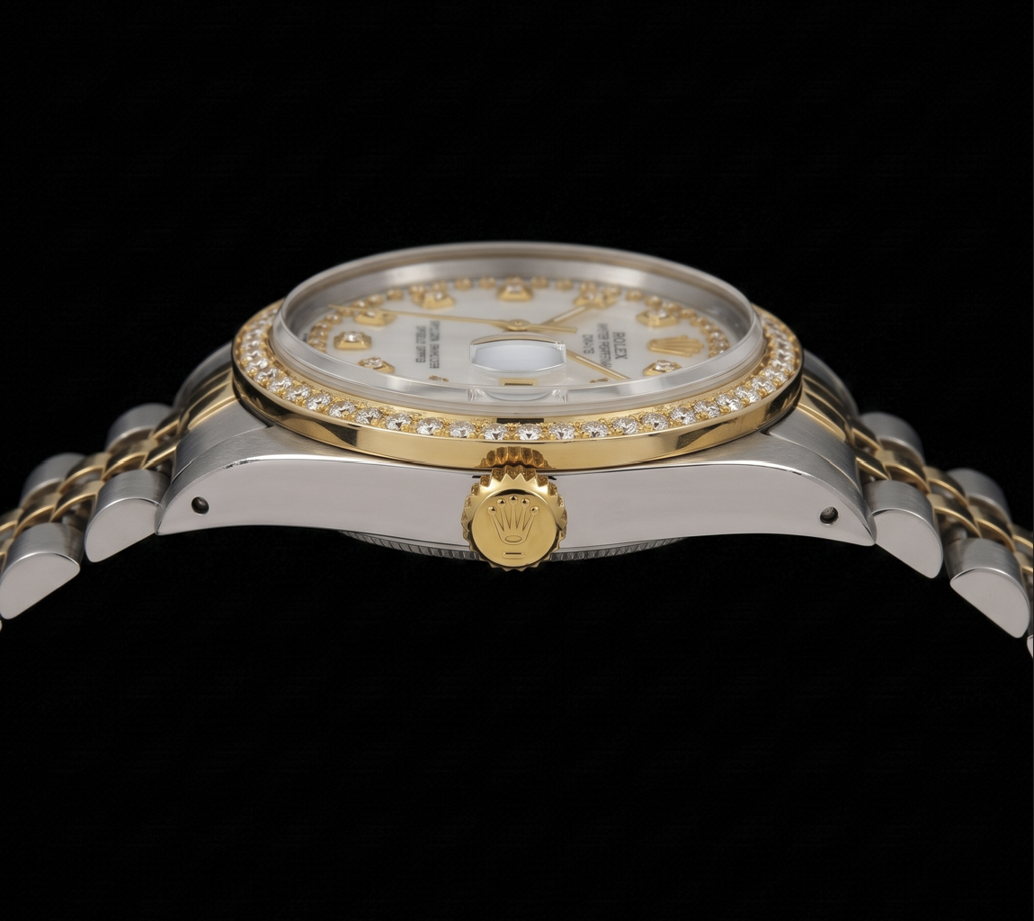 Rolex Date 1505 34mm White Mother of Pearl Diamond Dial Two Tone Watch