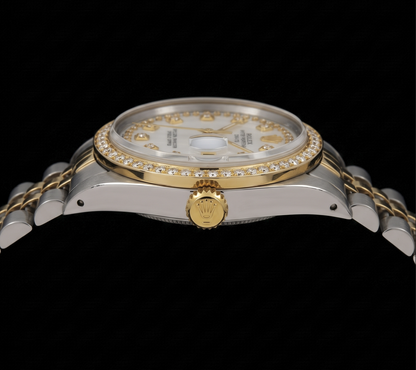 Rolex Date 1505 34mm White Mother of Pearl Diamond Dial Two Tone Watch