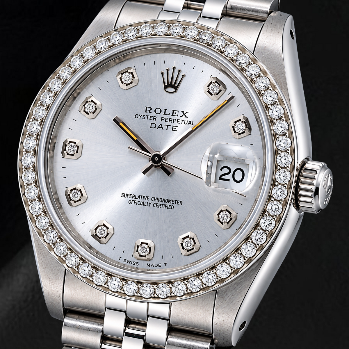 Rolex Date 15200 34mm Silver Diamond Dial Stainless Steel Watch