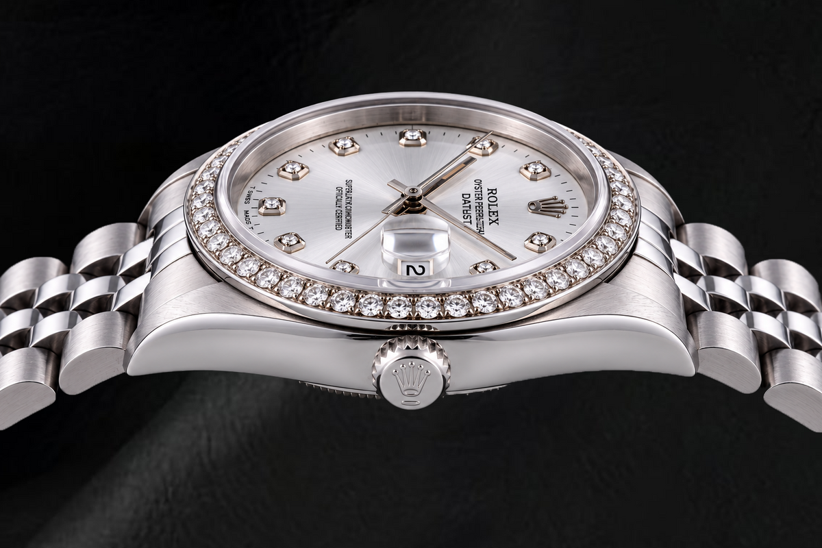 Rolex Date 15200 34mm Silver Diamond Dial Stainless Steel Watch