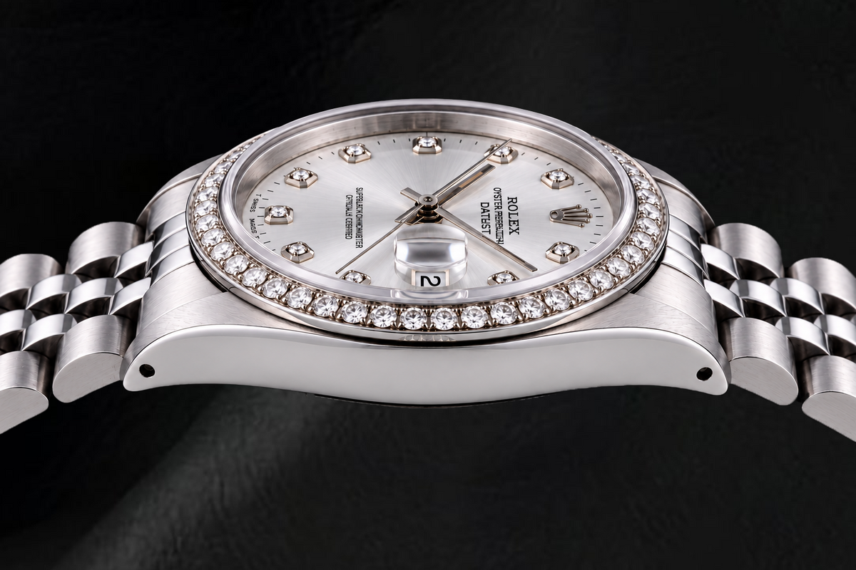 Rolex Date 15200 34mm Silver Diamond Dial Stainless Steel Watch
