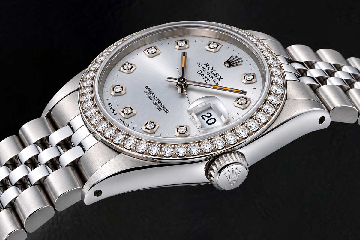 Rolex Date 15200 34mm Silver Diamond Dial Stainless Steel Watch