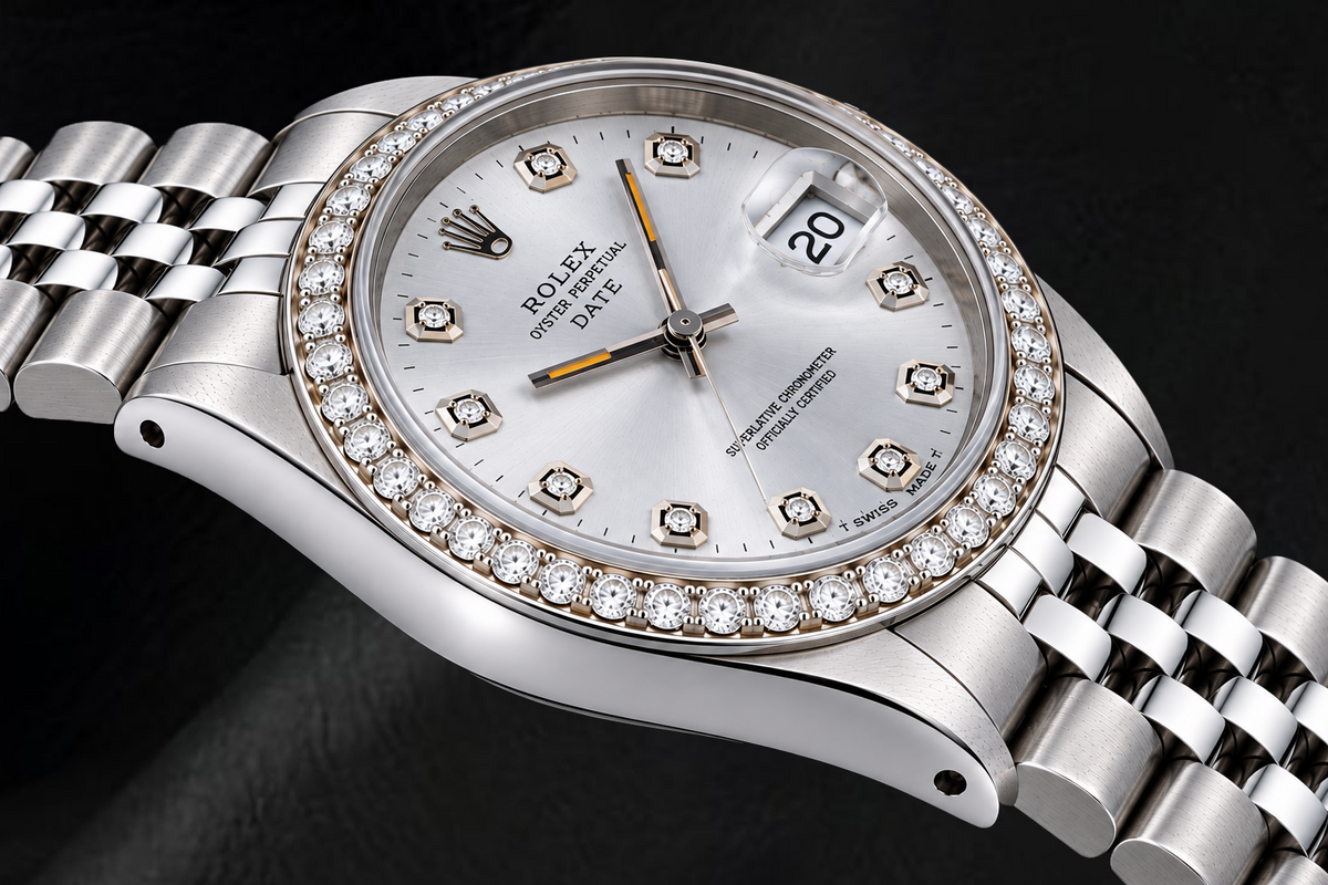 Rolex Date 15200 34mm Silver Diamond Dial Stainless Steel Watch