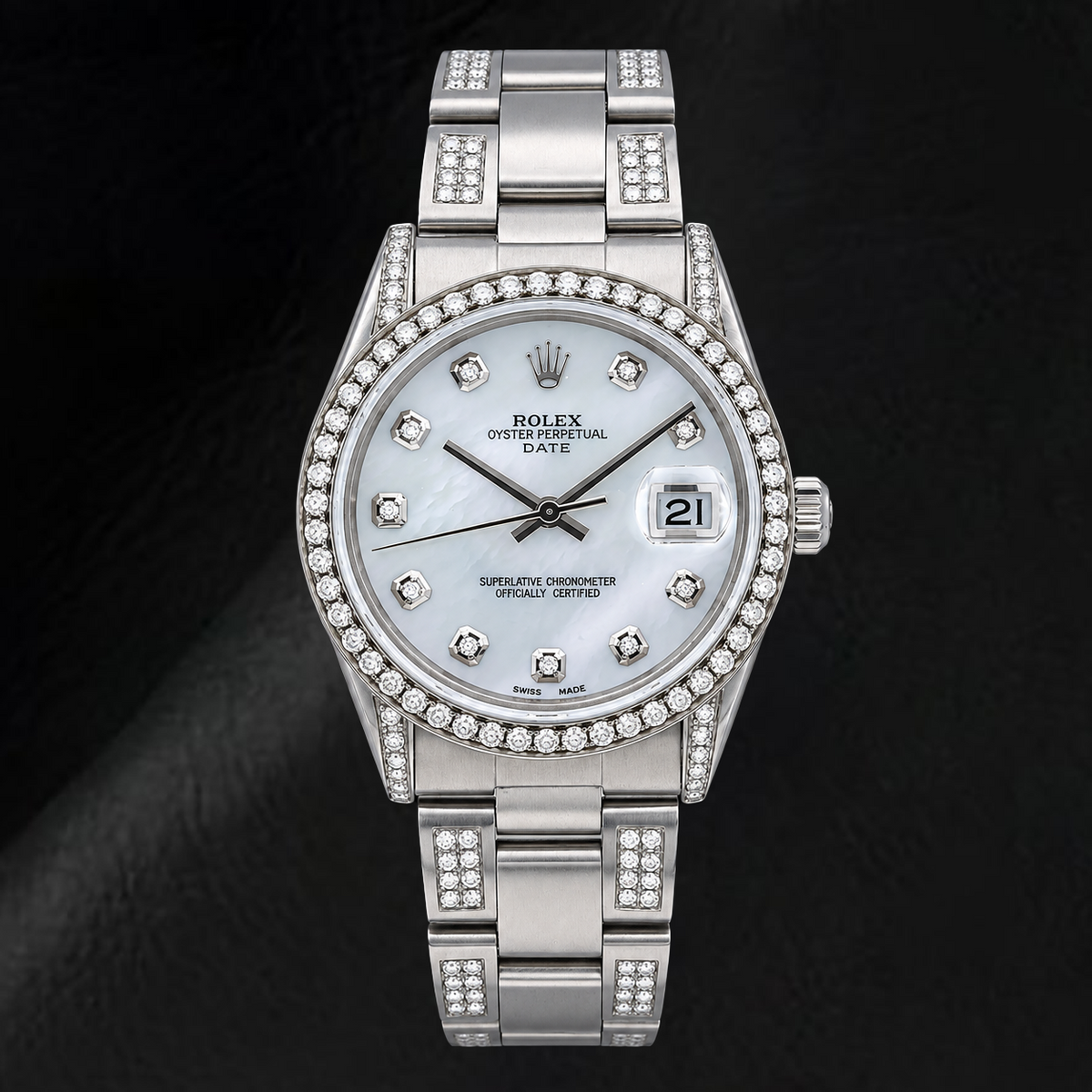 Rolex Date 15200 34mm White Mother of Pearl Diamond Dial Stainless Steel Watch