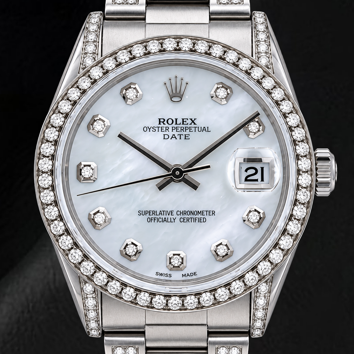 Rolex Date 15200 34mm White Mother of Pearl Diamond Dial Stainless Steel Watch