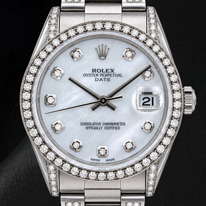 Rolex Date 15200 34mm White Mother of Pearl Diamond Dial Stainless Steel Watch