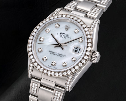 Rolex Date 15200 34mm White Mother of Pearl Diamond Dial Stainless Steel Watch