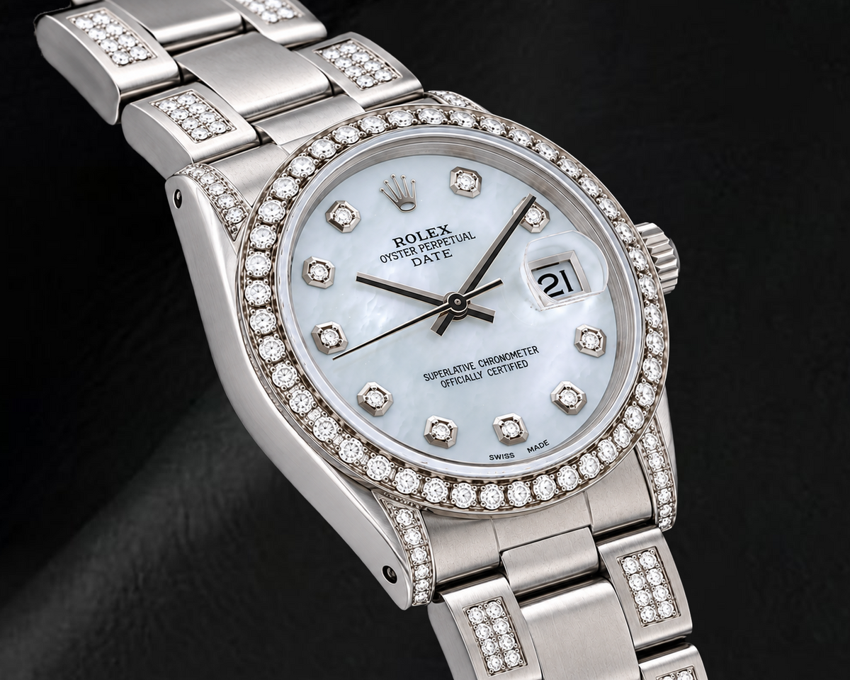 Rolex Date 15200 34mm White Mother of Pearl Diamond Dial Stainless Steel Watch