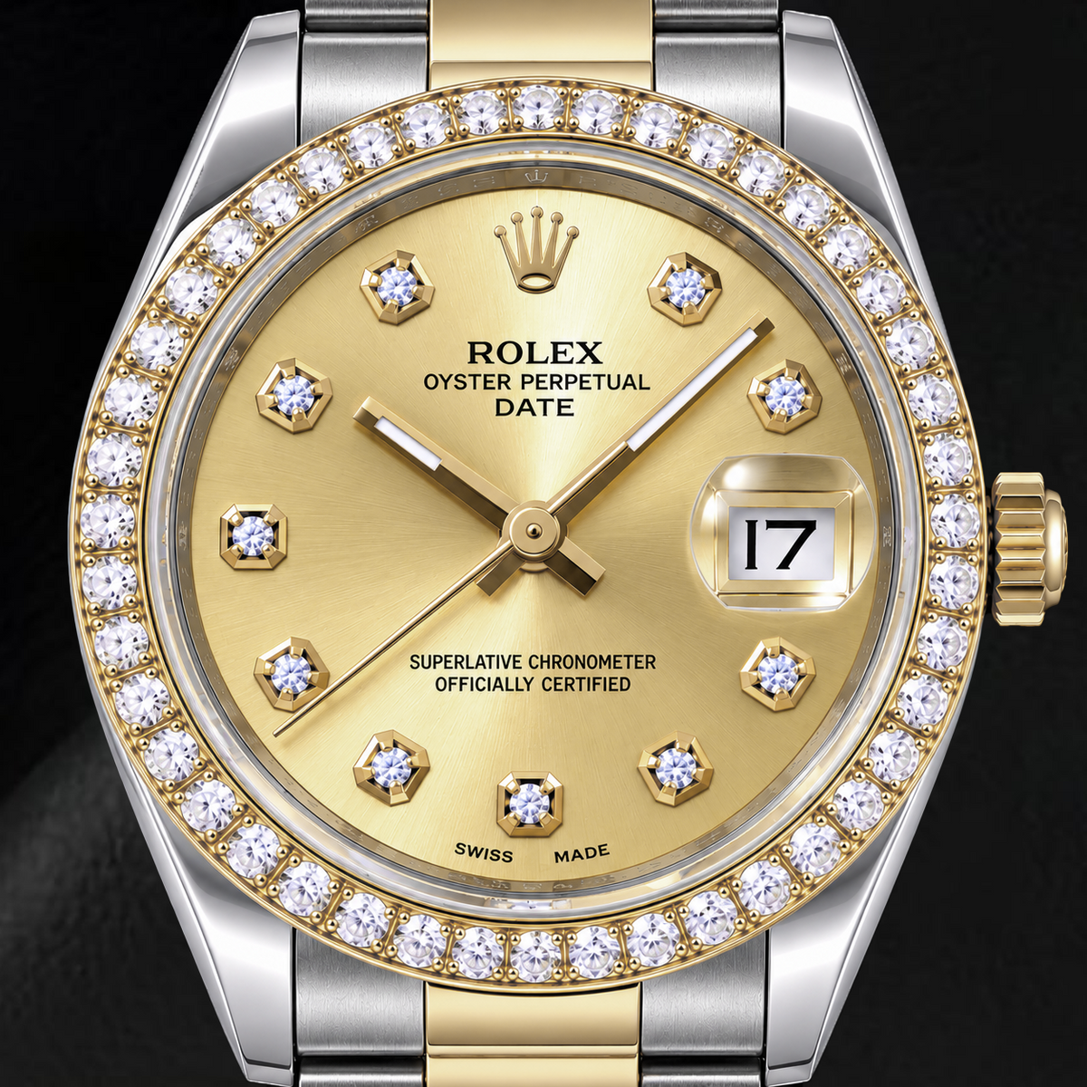 Rolex Date 15223 34mm Champagne Diamond Dial Two Tone Watch
