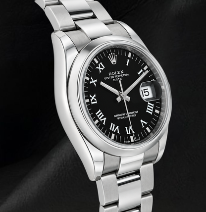 Rolex Date 34mm 115200 Black Roman Dial Stainless Steel Watch
