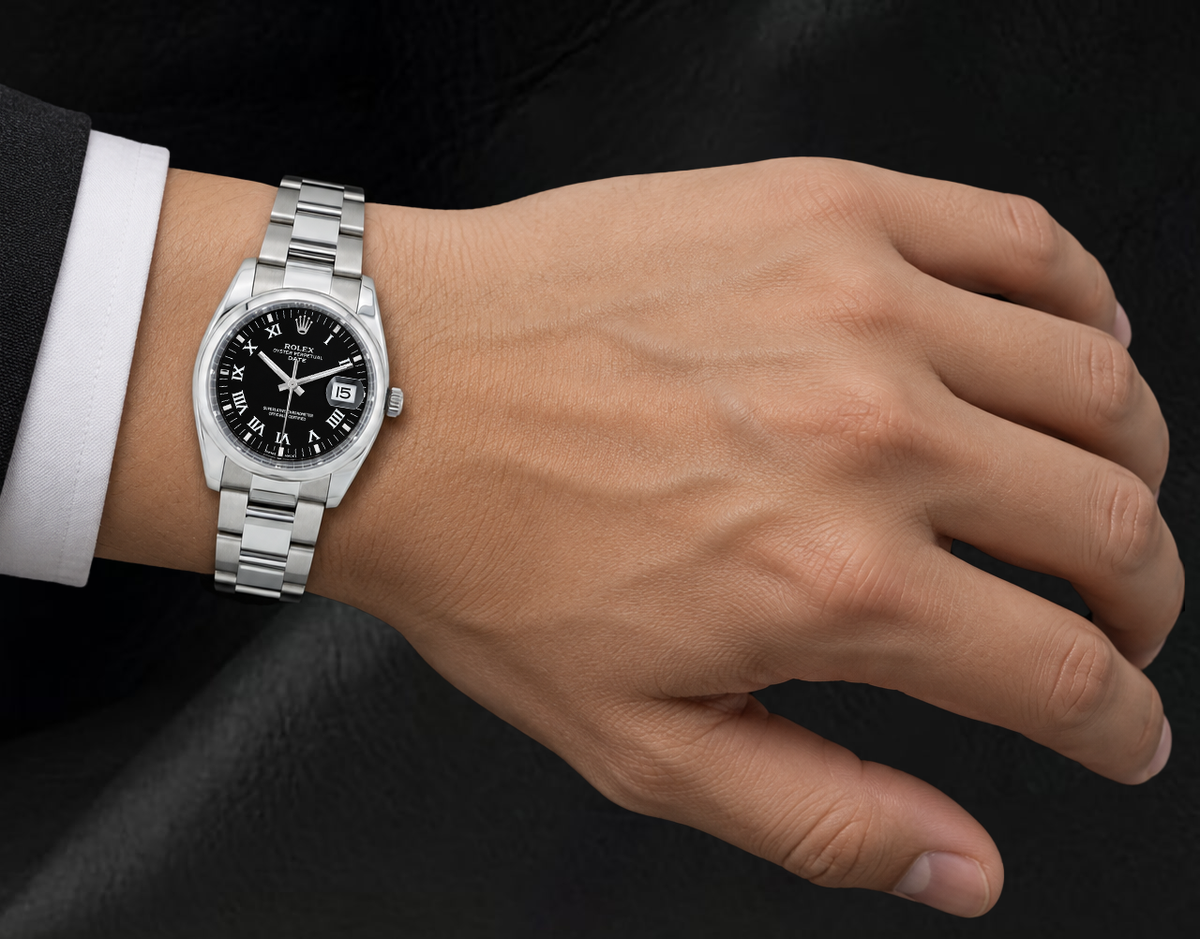 Rolex Date 34mm 115200 Black Roman Dial Stainless Steel Watch

