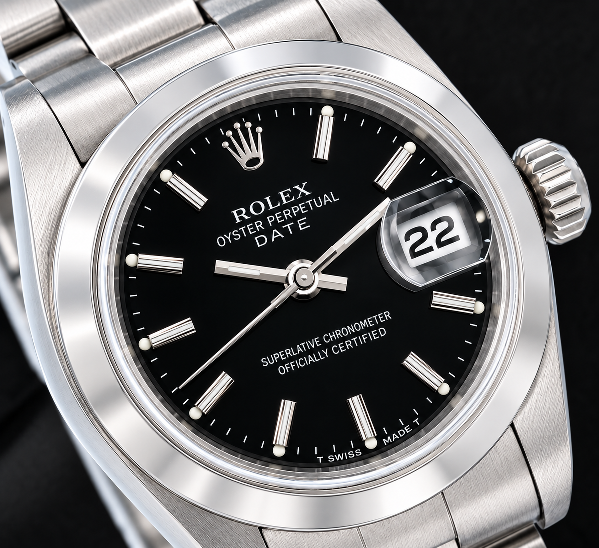 Rolex Date 6916 26mm Black Stick Dial Smooth Bezel Stainless Steel Watch