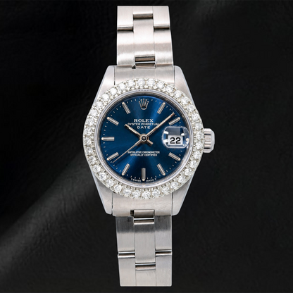 Rolex Date 6916 26mm Blue Stick Dial Stainless Steel Oyster Bracelet Watch