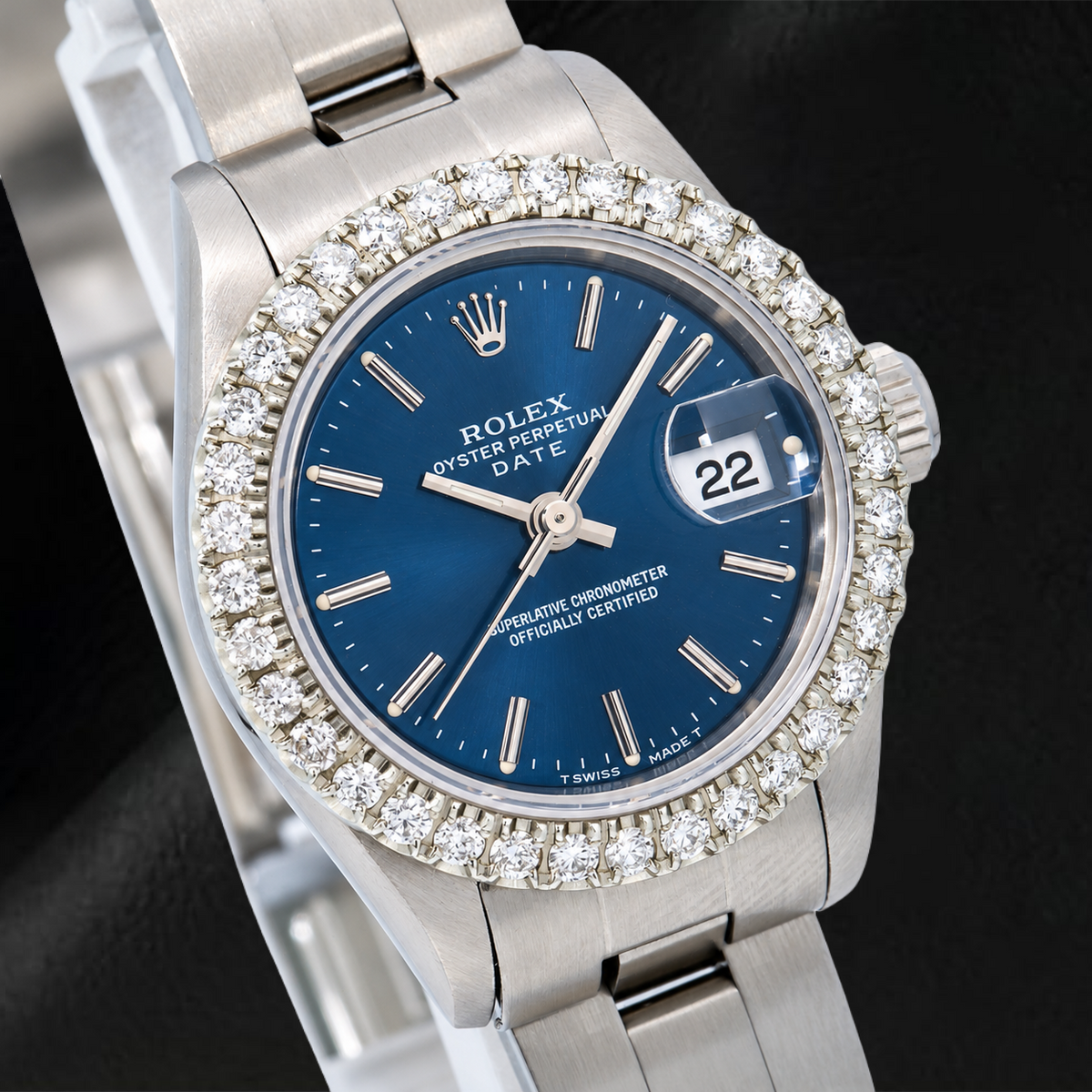 Rolex Date 6916 26mm Blue Stick Dial Stainless Steel Oyster Bracelet Watch