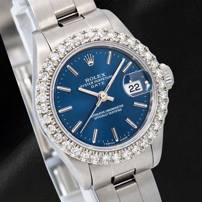 Rolex Date 6916 26mm Blue Stick Dial Stainless Steel Oyster Bracelet Watch