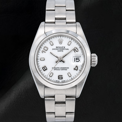 Rolex Date 6916 26mm White Arabic Dial Smooth Bezel Stainless Steel Watch
