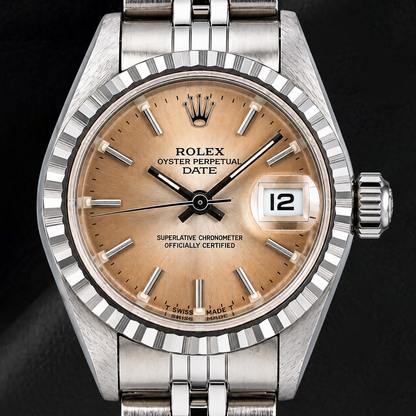 Rolex Date 69240 26mm Brown Stick Dial Stainless Steel Jubilee Bracelet Watch
